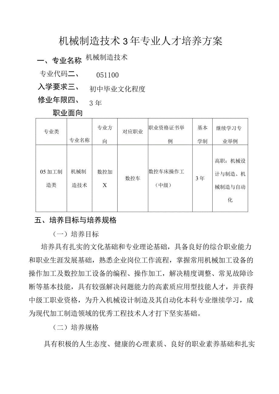 机械制造技术3年专业人才培养方案.docx_第1页