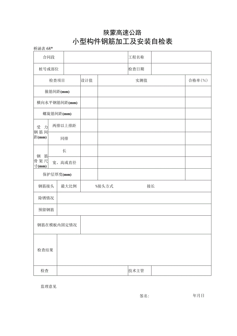 桥表68 小型构件钢筋加工及安装自检表工程文档范本.docx_第1页