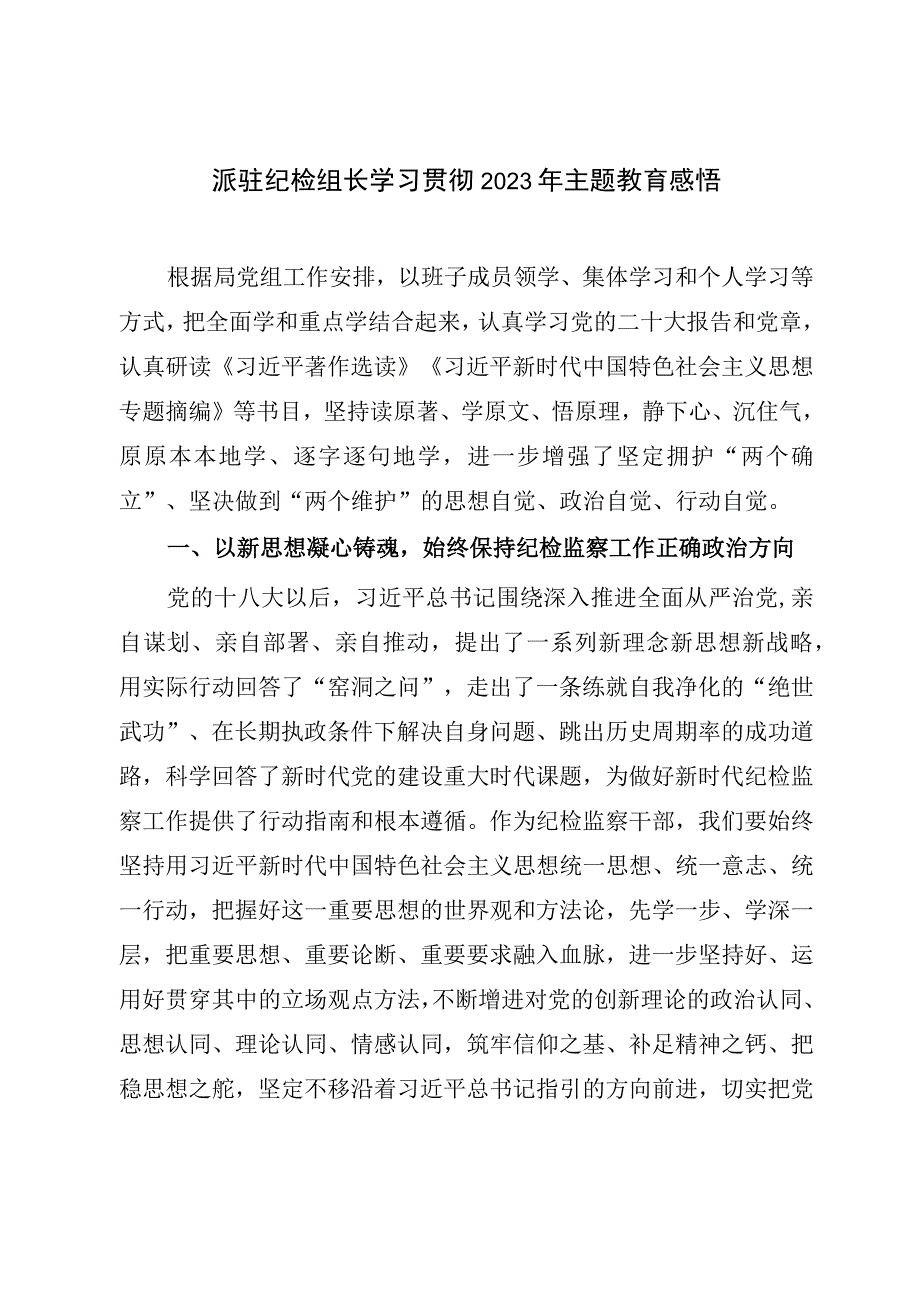 派驻纪检组长学习贯彻2023年主题教育感悟.docx_第1页