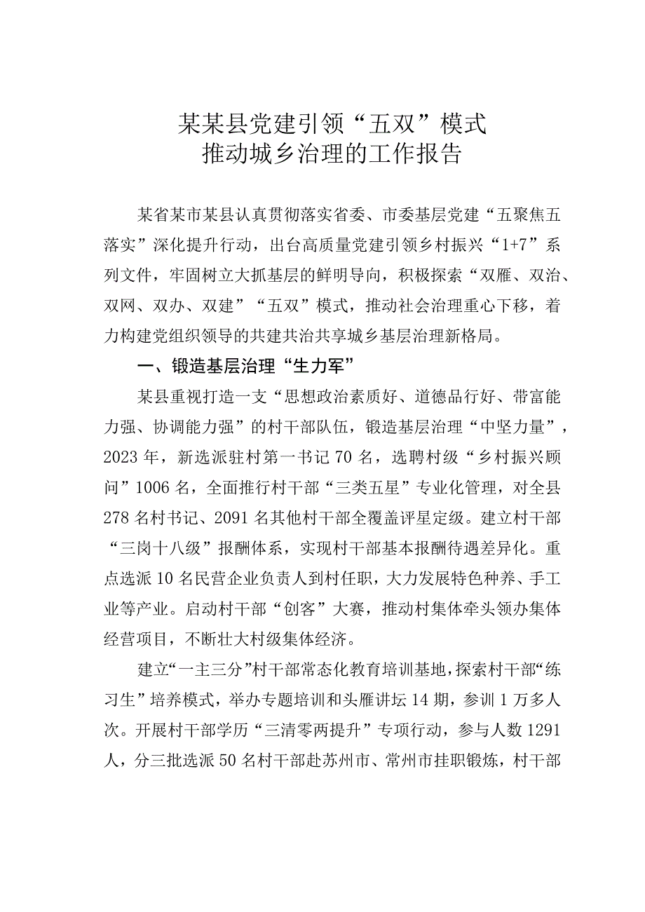 某某县党建引领五双模式推动城乡治理的工作报告.docx_第1页