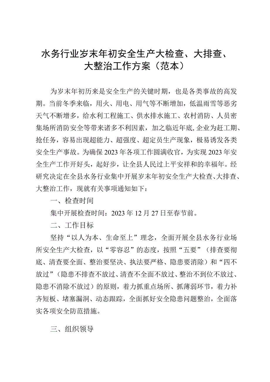 水务行业岁末年初安全生产大检查工作方案（范文）.docx_第1页