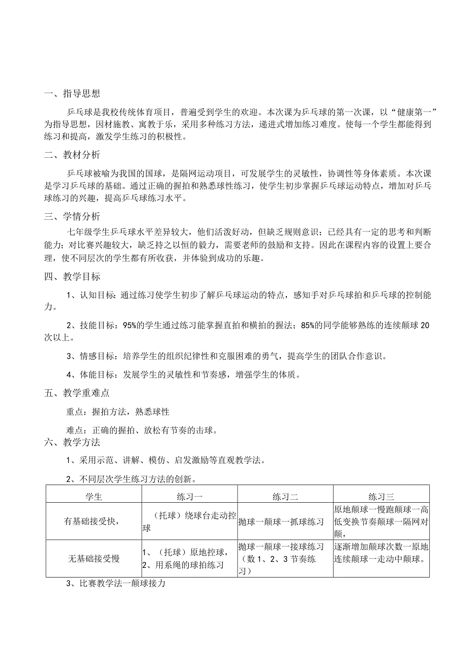 水平四七年级体育乒乓球握拍熟悉球性教学设计及教案.docx_第1页