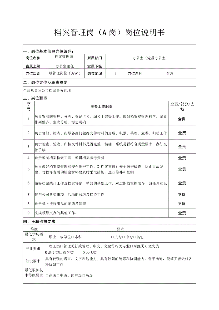 档案管理岗（A岗）岗位说明书.docx_第1页