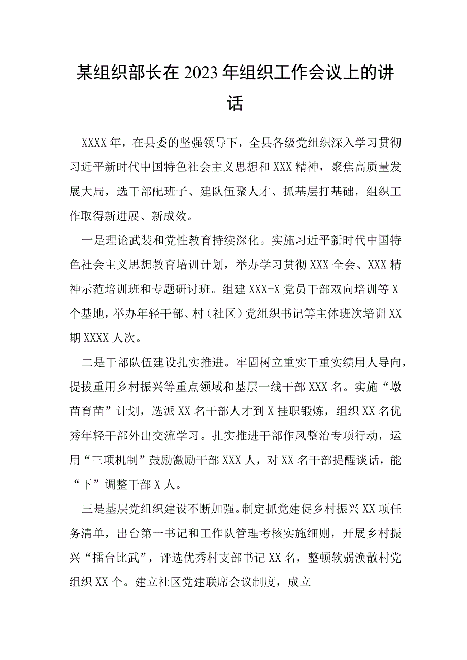 某组织部长在2023年组织工作会议上的讲话.docx_第1页