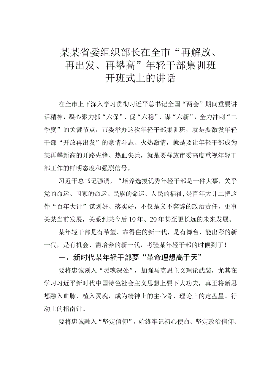 某某省委组织部长在全市再解放再出发再攀高年轻干部集训班开班式上的讲话.docx_第1页