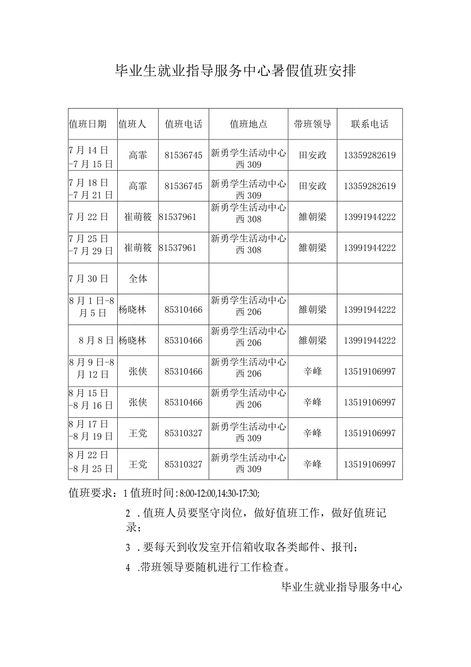 毕业生就业指导服务中心暑假值班安排.docx_第1页