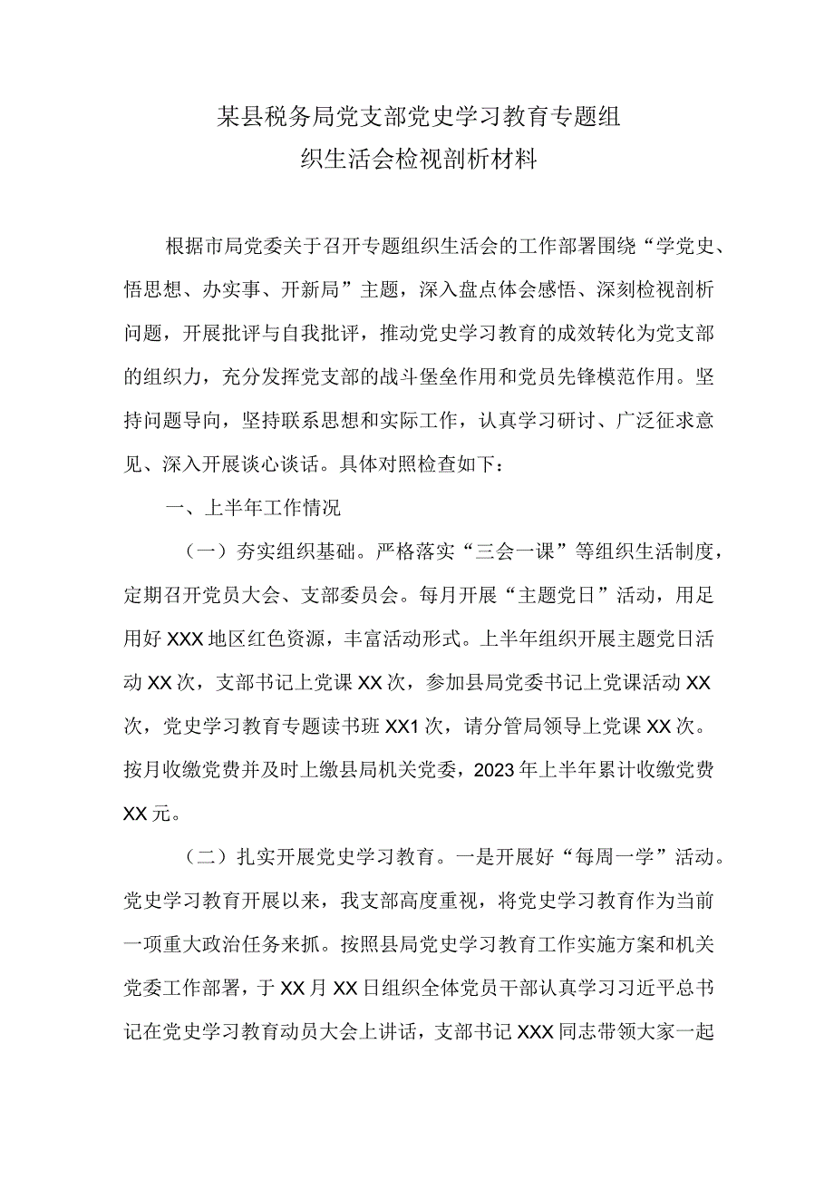 某县税务局党支部党史学习教育专题组织生活会检视剖析材料.docx_第1页