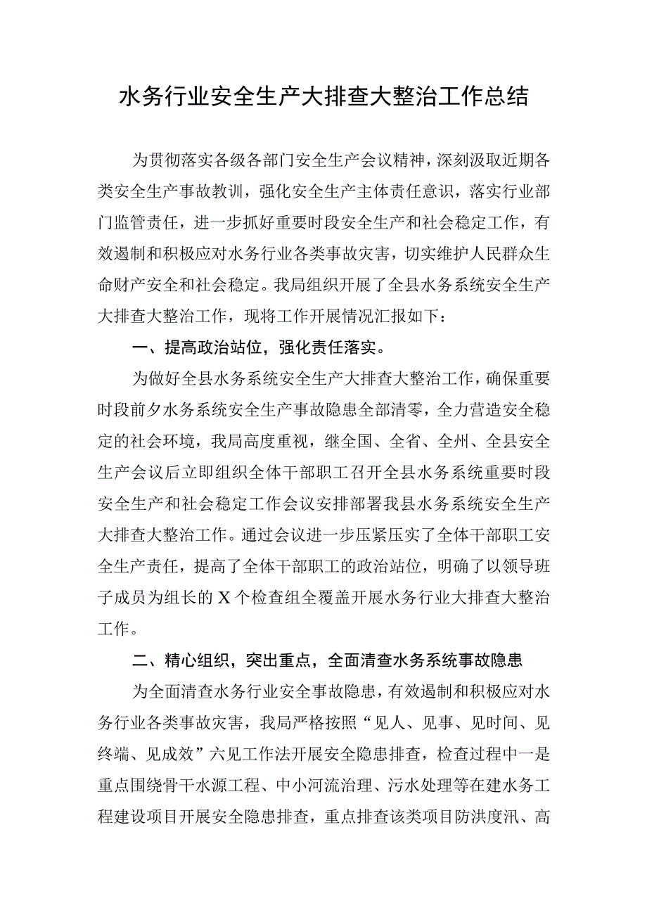 水利行业(水务行业)安全生产大排查大整治工作总结(范本).docx_第1页