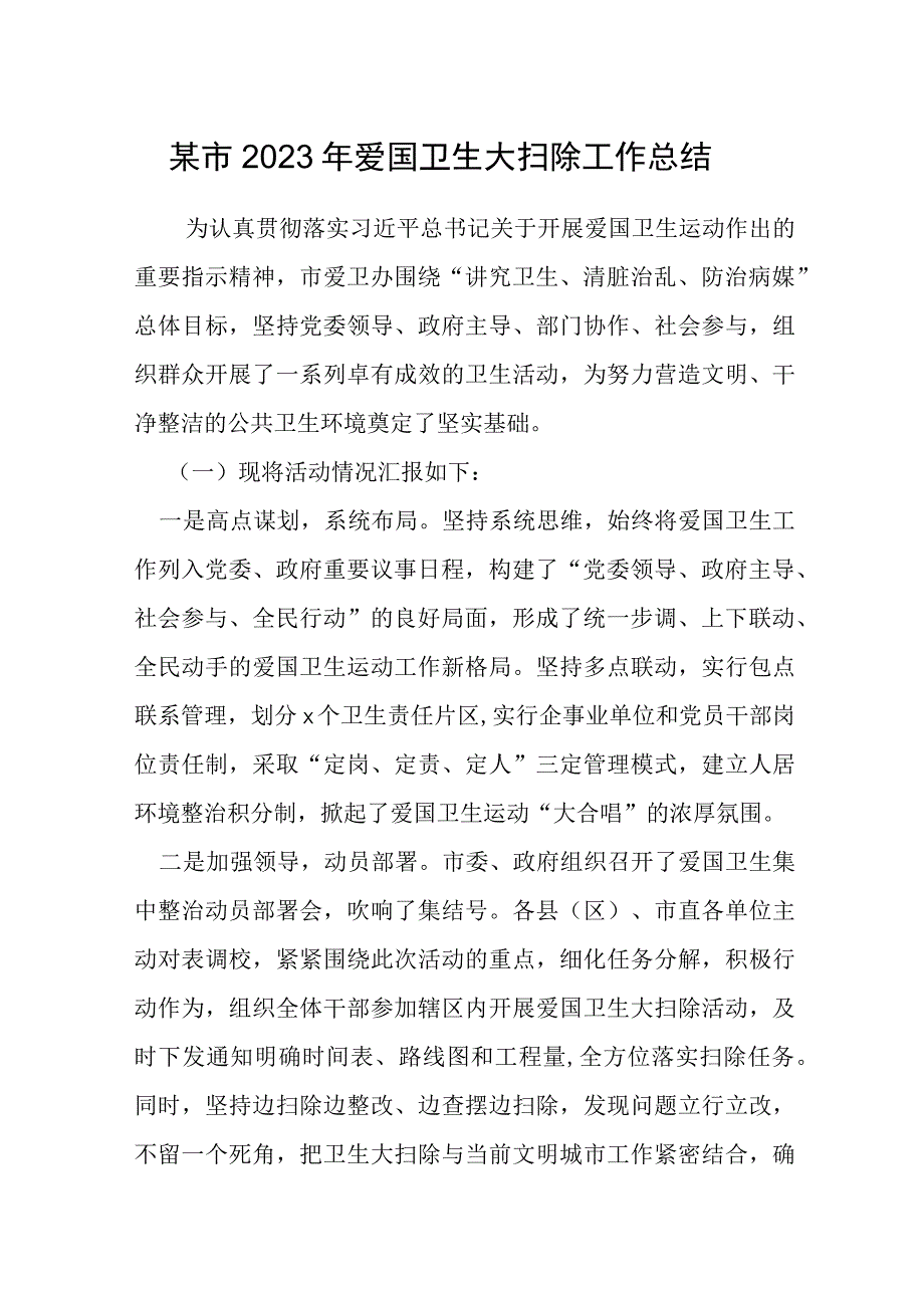 某市2023年爱国卫生大扫除工作总结.docx_第1页