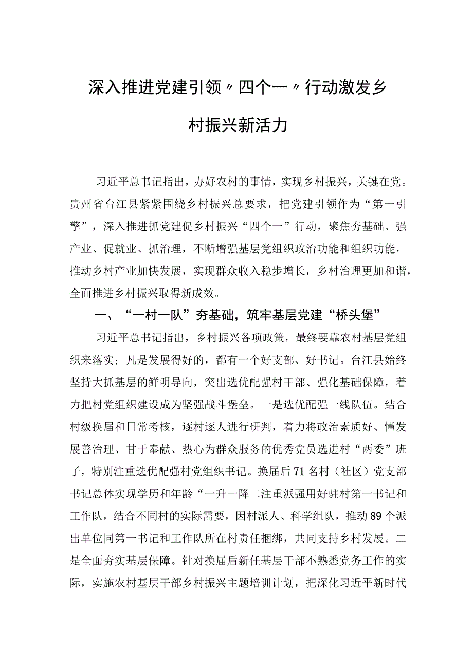 深入推进党建引领四个一行动+激发乡村振兴新活力.docx_第1页