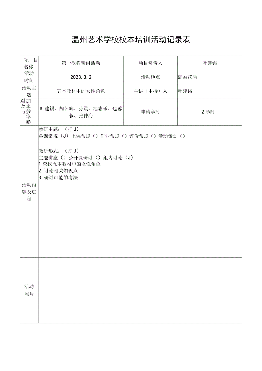 温州艺术学校校本培训活动记录表.docx_第1页