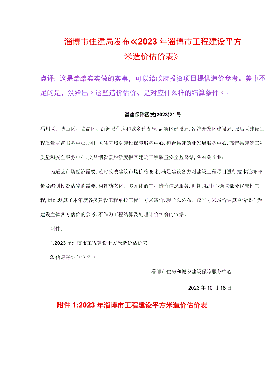 淄博市住建局发布《2022年淄博市工程建设平方米造价估价表》.docx_第1页