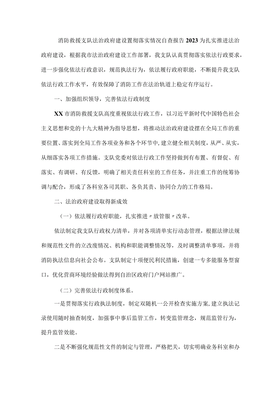 消防救援支队法治政府建设置彻落实情况自查报告2023.docx_第1页