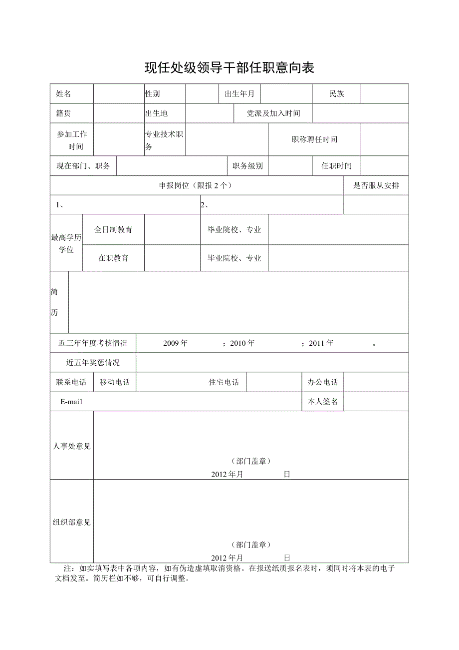 现任处级领导干部任职意向表.docx_第1页