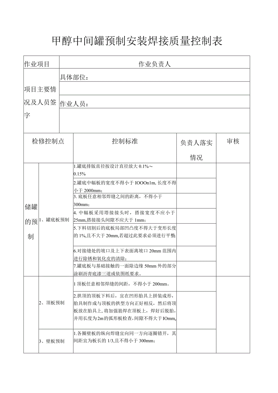 甲醇中间罐预制安装焊接质量控制表.docx_第1页