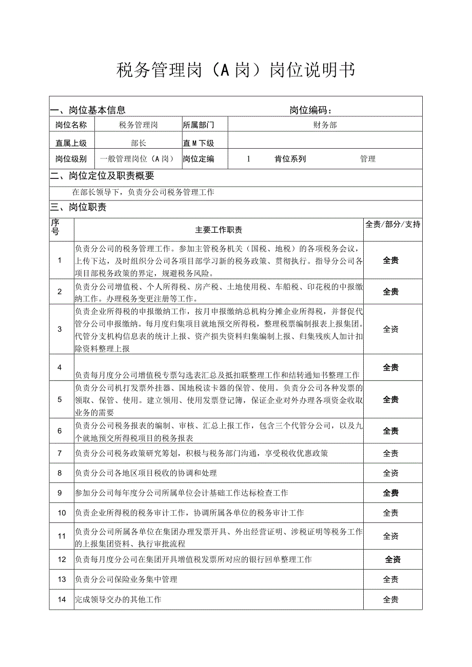 税务管理岗（A岗）岗位说明书.docx_第1页