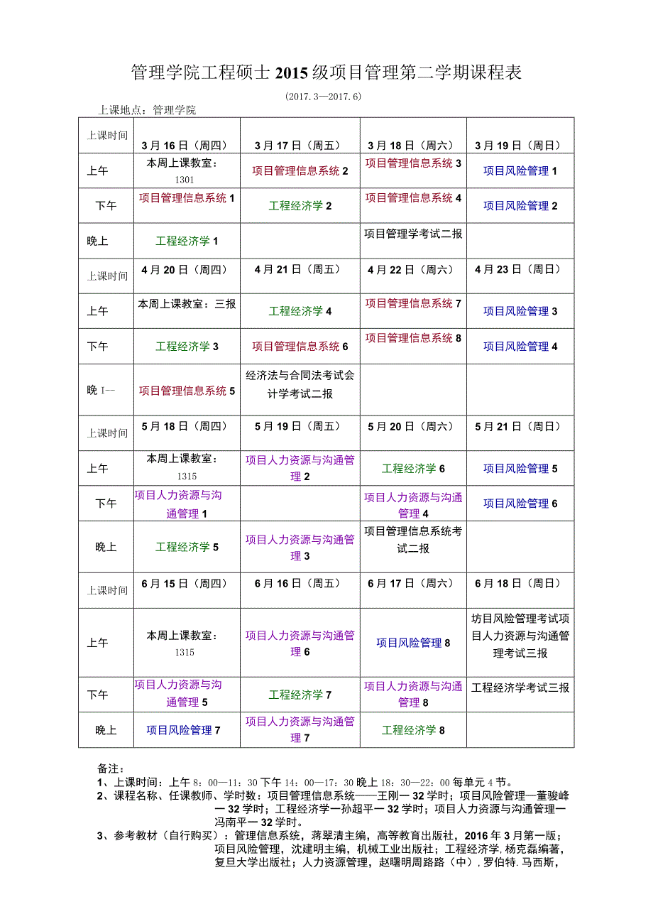 管理学院工程硕士2015级项目管理第二学期课程表.docx_第1页