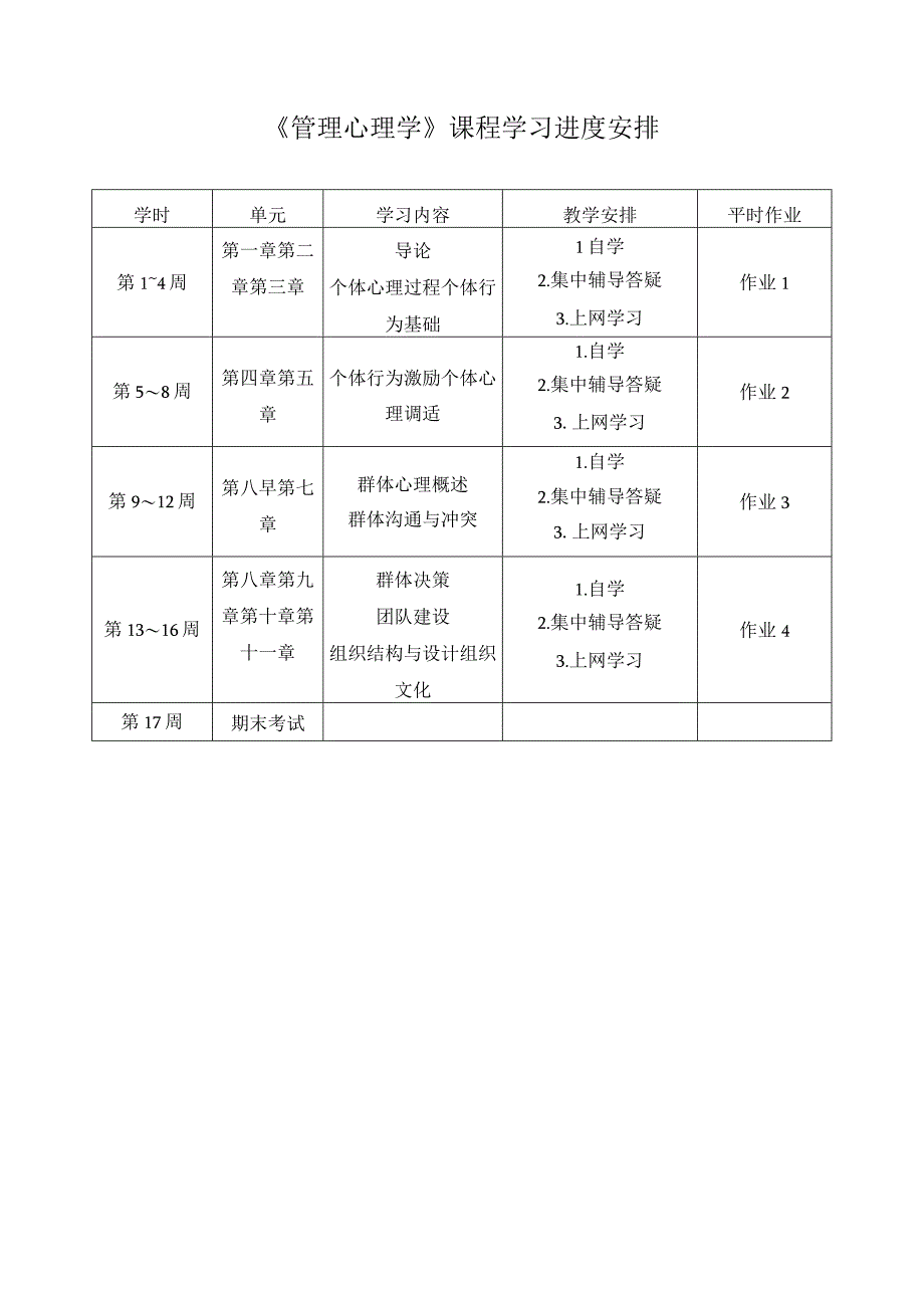 管理心理学课程学习进度安排.docx_第1页