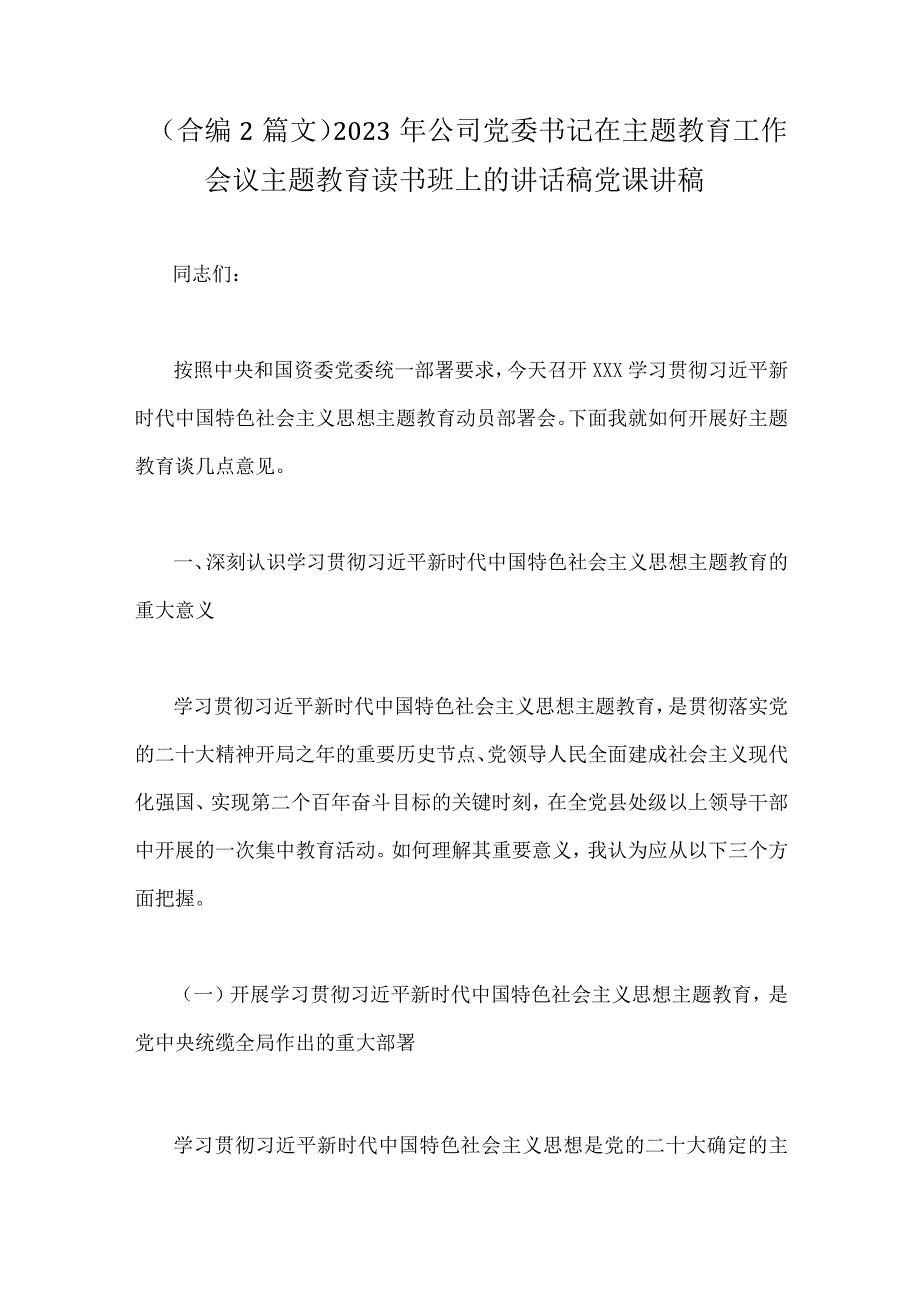 合编2篇文2023年公司党委书记在主题教育工作会议主题教育读书班上的讲话稿党课讲稿.docx_第1页