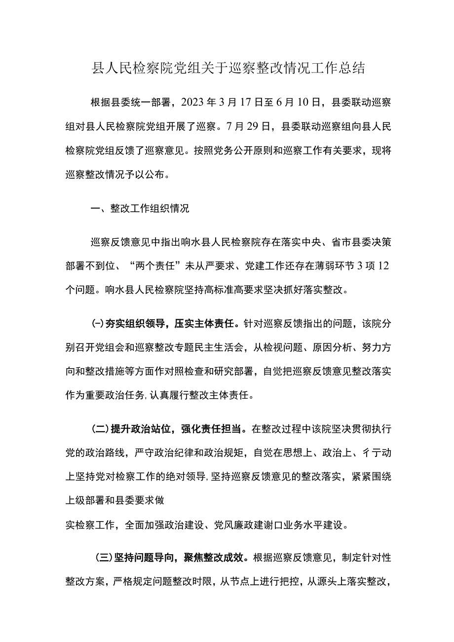 县人民检察院党组关于巡察整改情况工作总结.docx_第1页