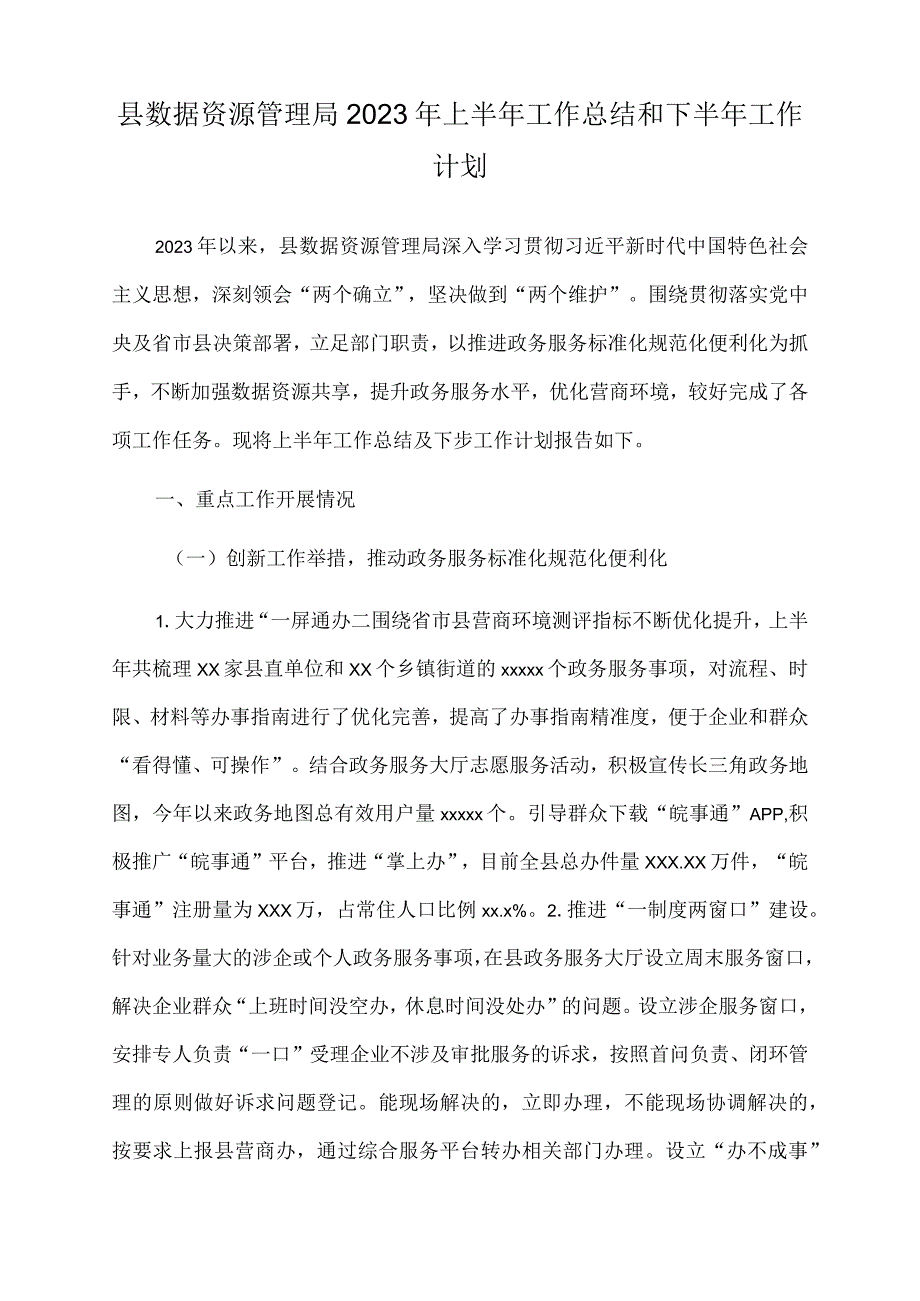 县数据资源管理局2022年上半年工作总结和下半年工作计划.docx_第1页