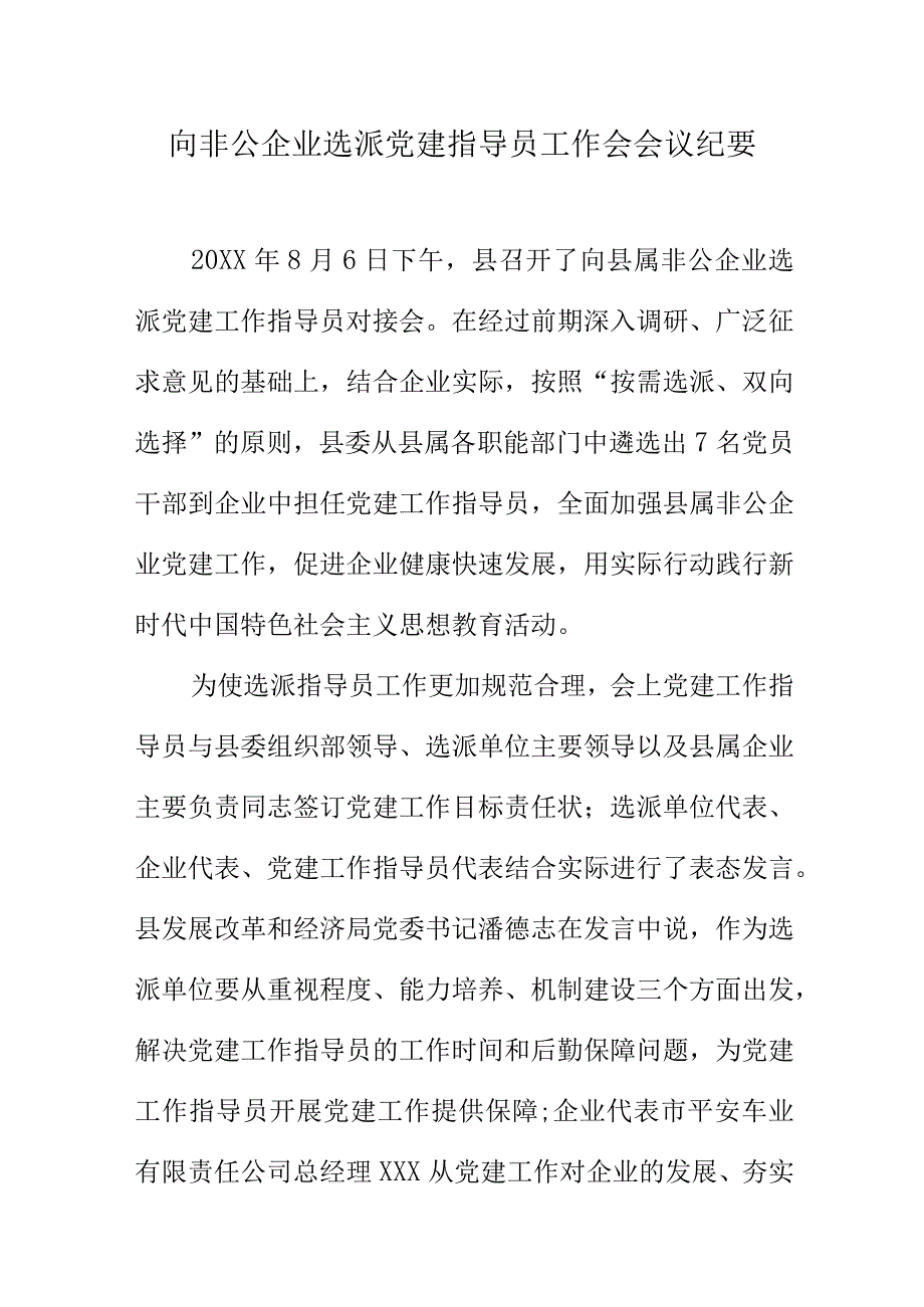 向非公企业选派党建指导员工作会会议纪要.docx_第1页