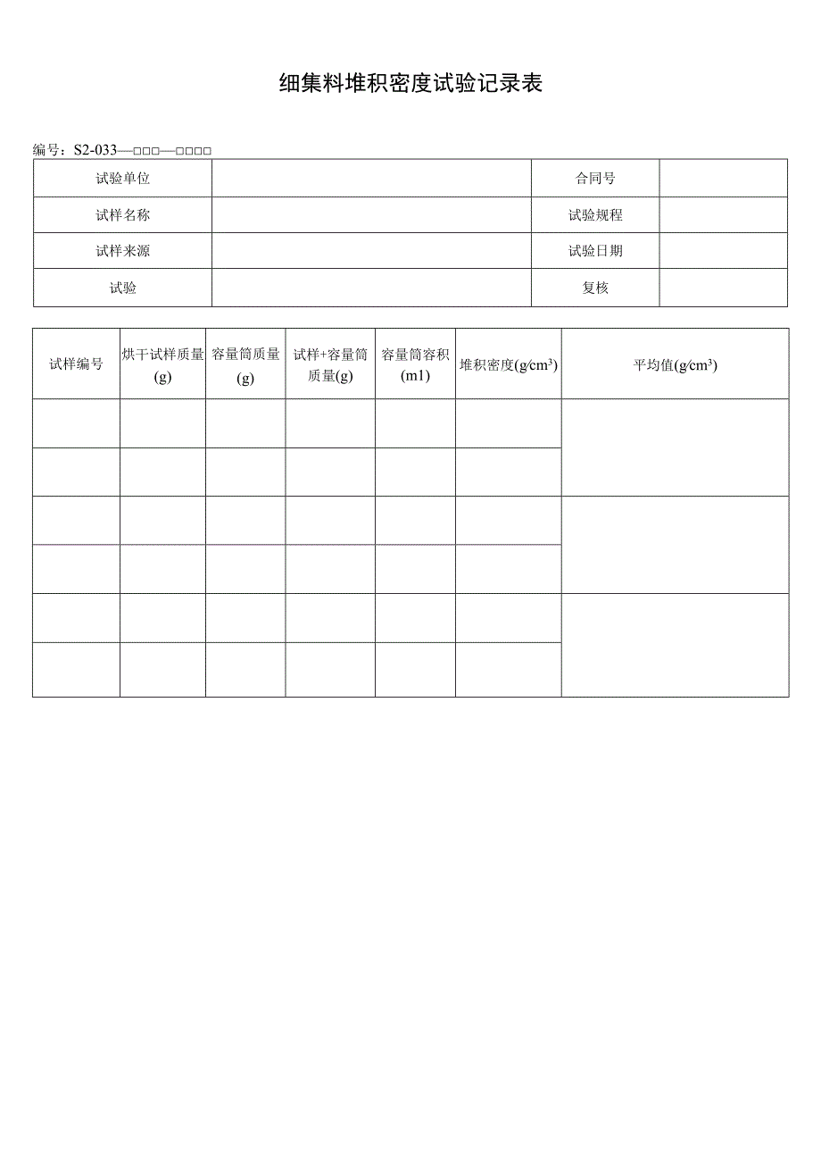 细集料堆积密度试验记录表.docx_第1页