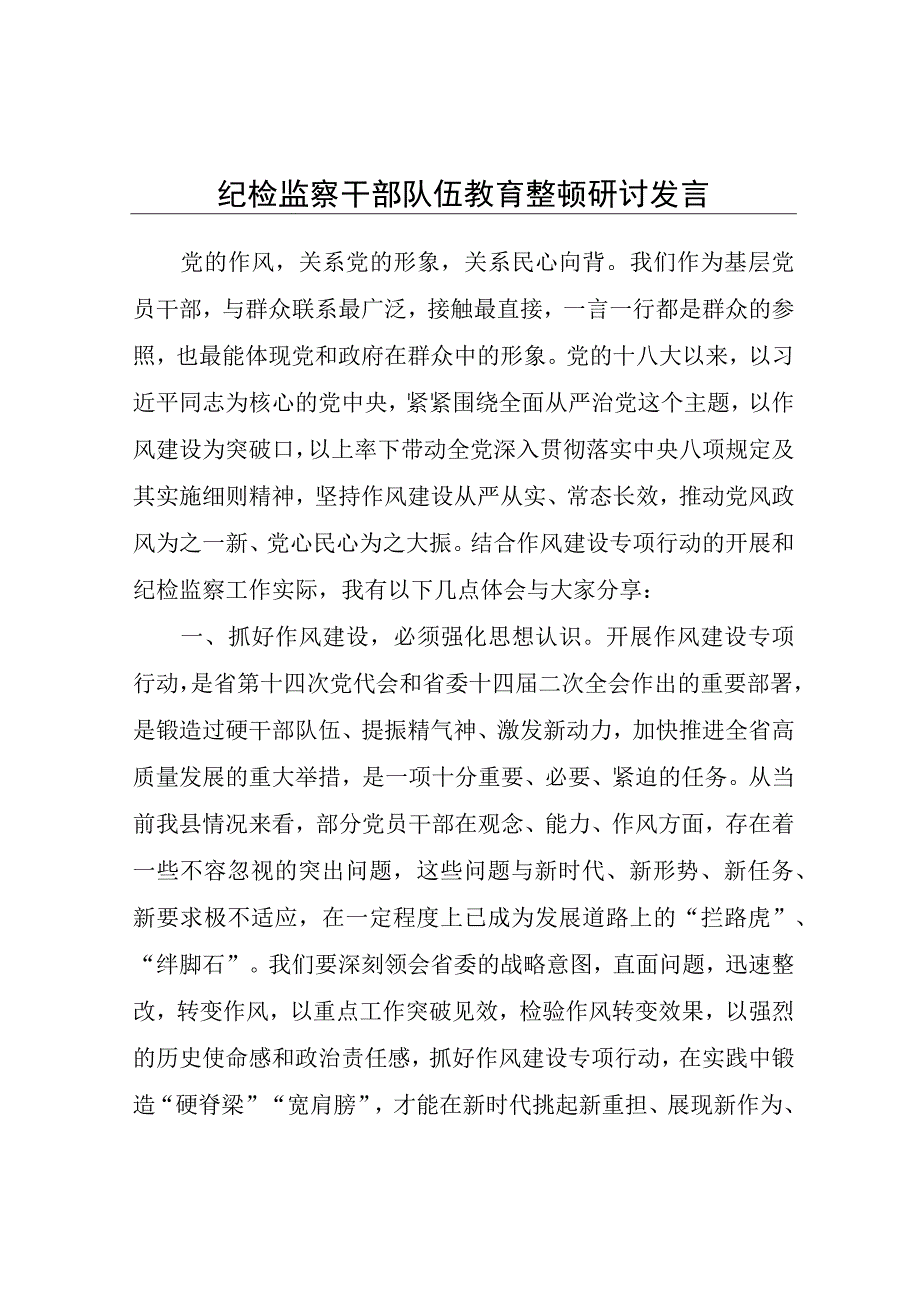 纪检监察干部队伍教育整顿研讨发言.docx_第1页