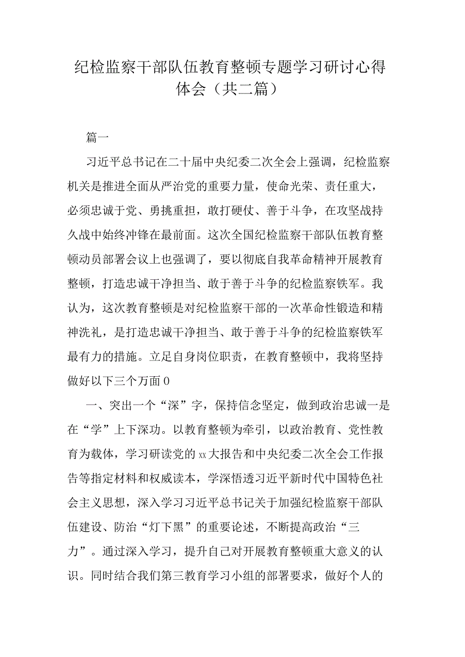 纪检监察干部队伍教育整顿专题学习研讨心得体会(共二篇).docx_第1页