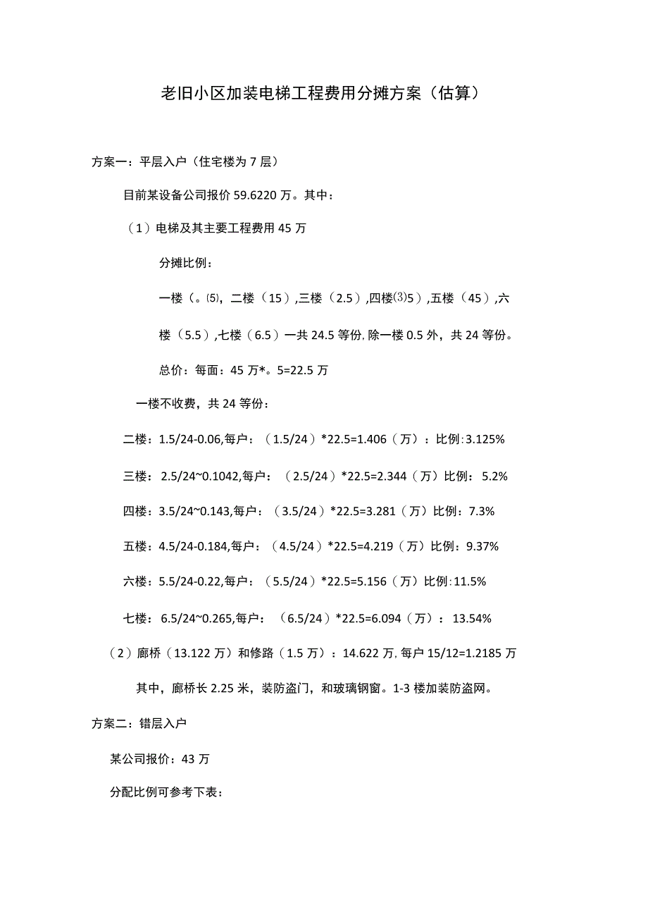 老旧小区加装电梯平层入户和错层入户工程费分摊方案.docx_第1页