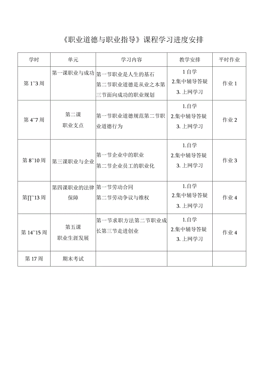 职业道德与职业指导课程学习进度安排.docx_第1页