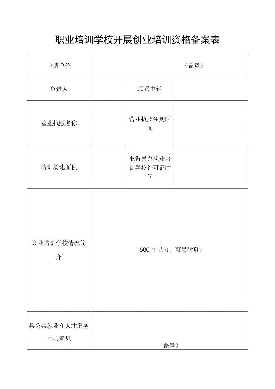 职业培训学校开展创业培训资格备案表.docx_第1页