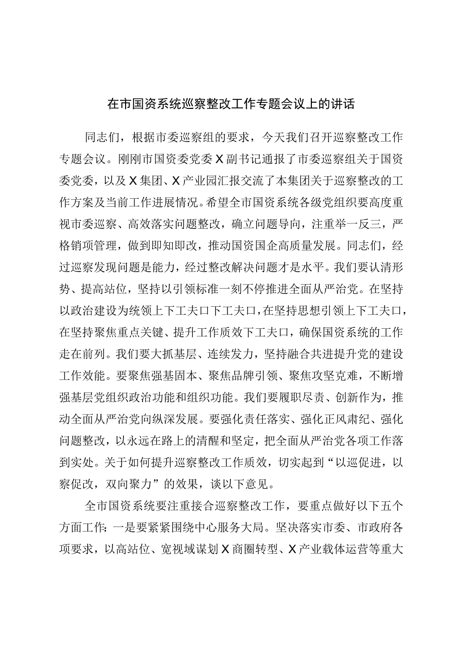 在市国资系统巡察整改工作专题会议上的讲话.docx_第1页