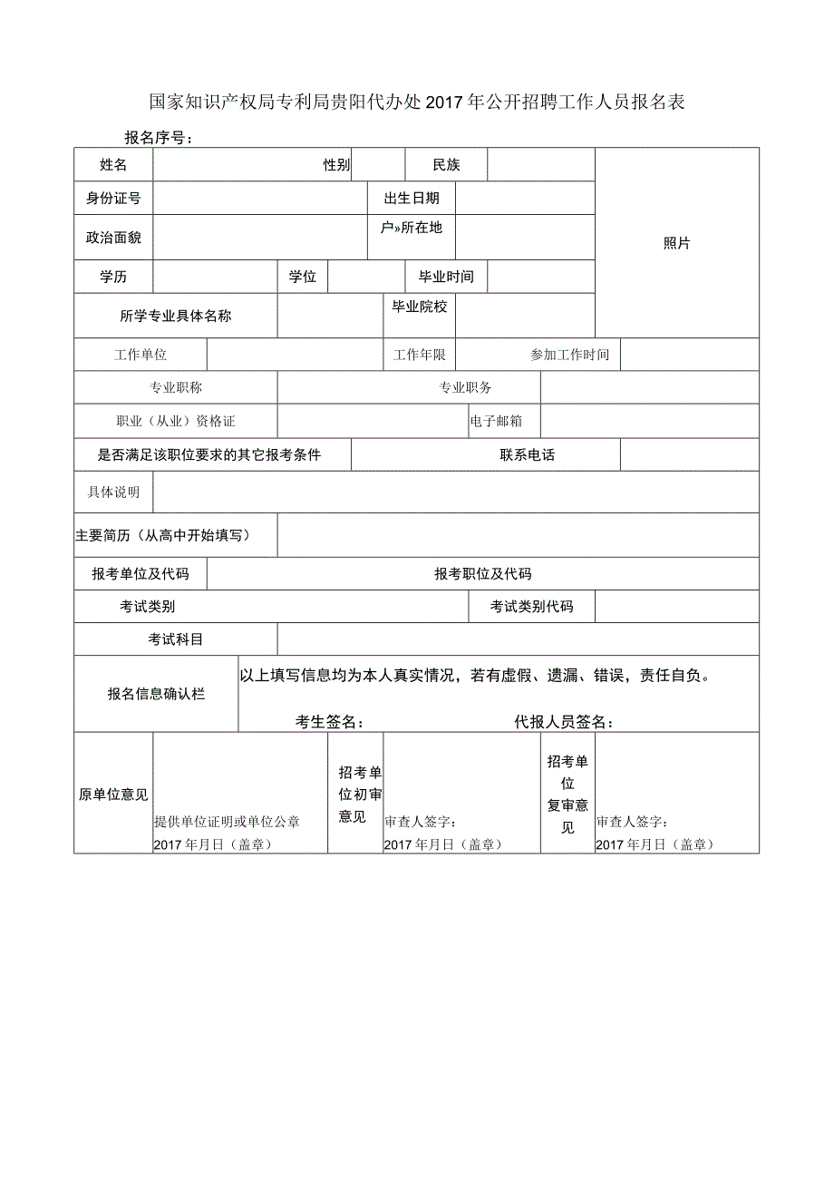 国家知识产权局专利局贵阳代办处2017年公开招聘工作人员报名表.docx_第1页