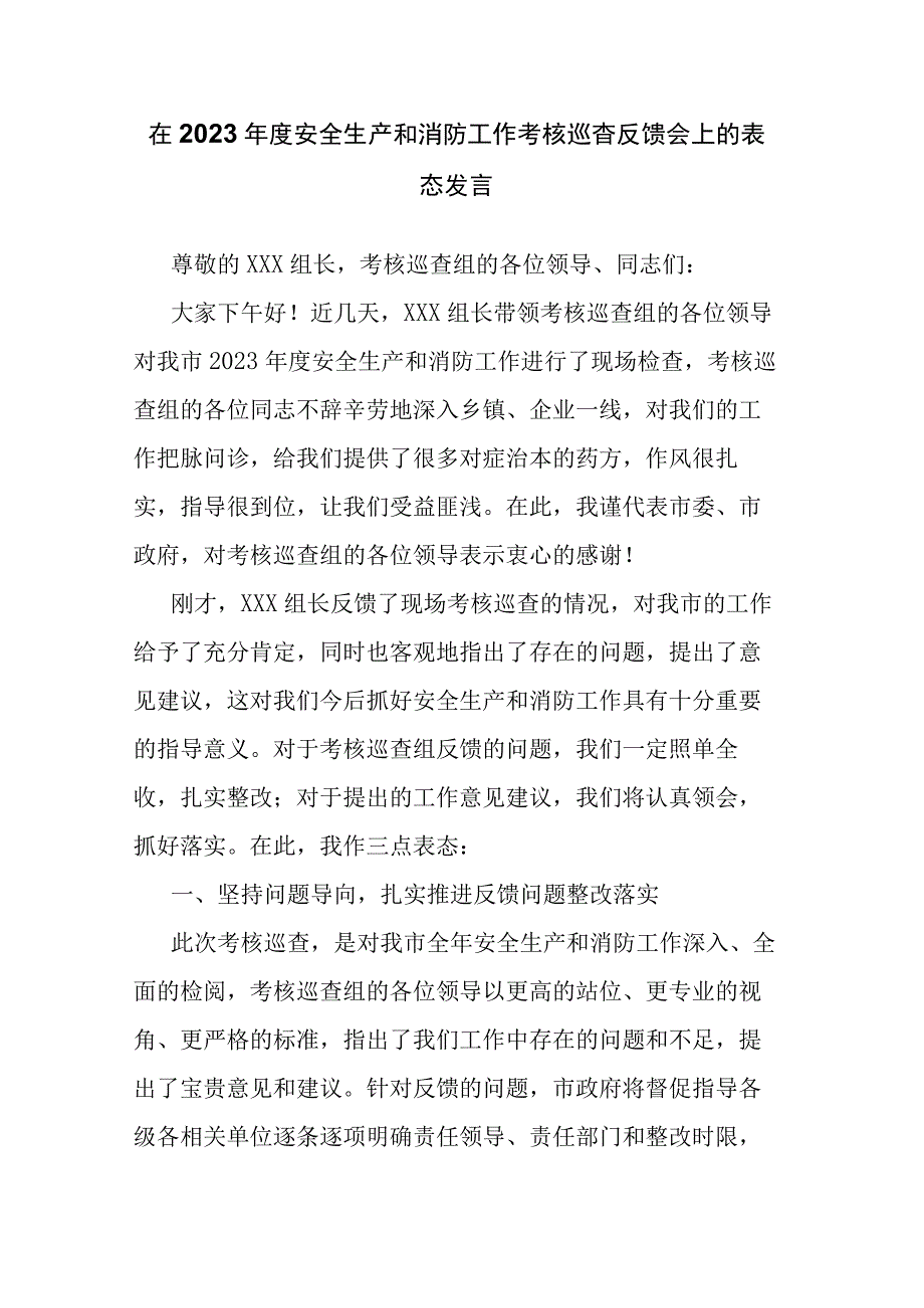 在2023年度安全生产和消防工作考核巡查反馈会上的表态发言.docx_第1页