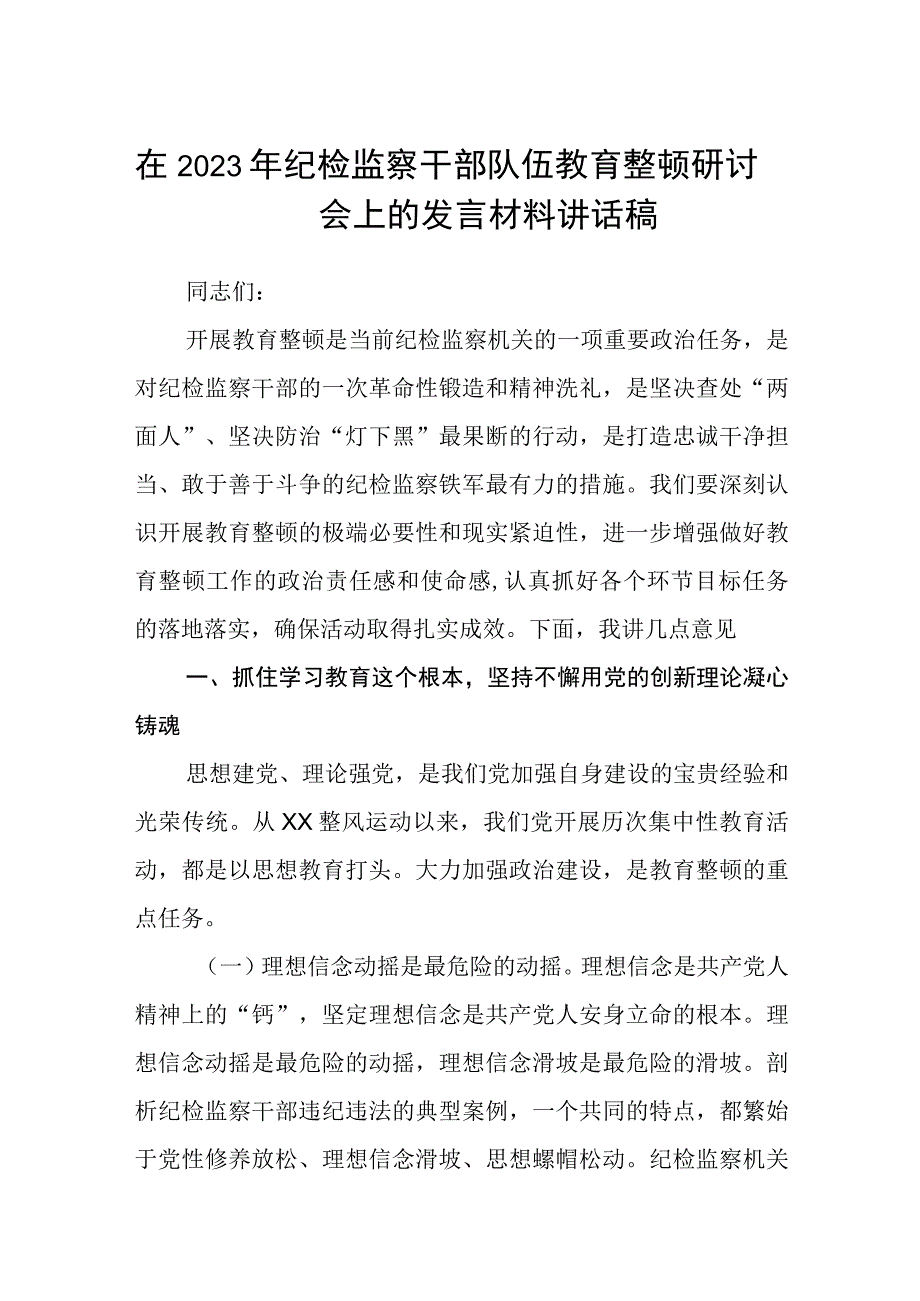 在2023年纪检监察干部队伍教育整顿研讨会上的发言材料讲话稿最新三篇.docx_第1页