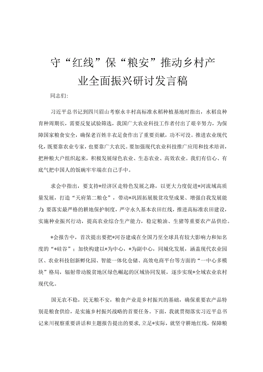 守红线保粮安推动乡村产业全面振兴研讨发言稿.docx_第1页