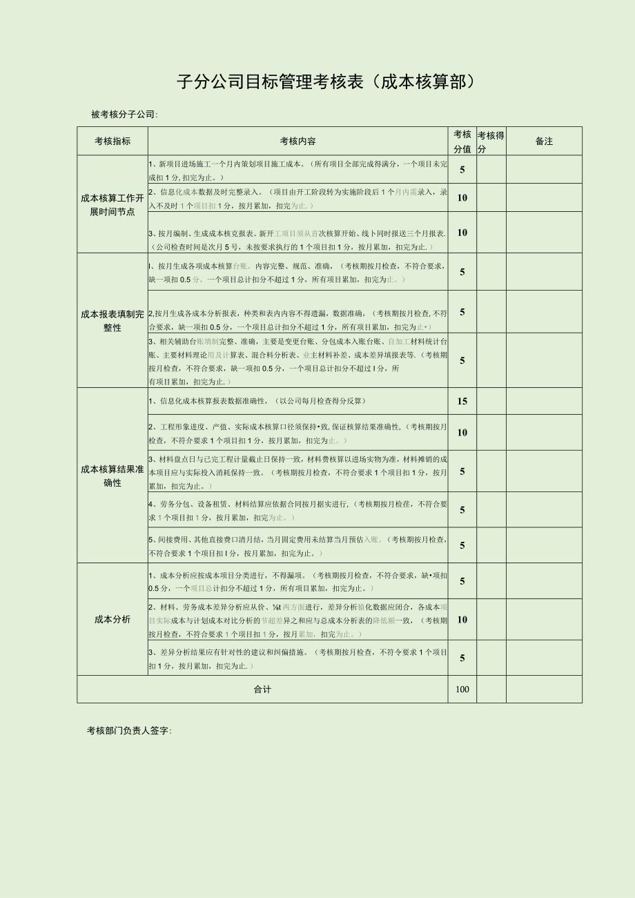 子分公司目标管理考核表成本核算部.docx_第1页