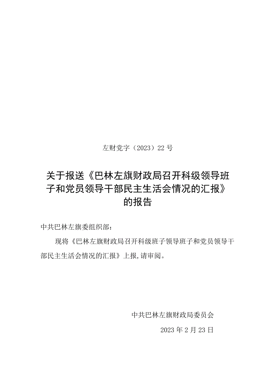 巴林左旗财政局民主生活工作开展情况报告.docx_第1页