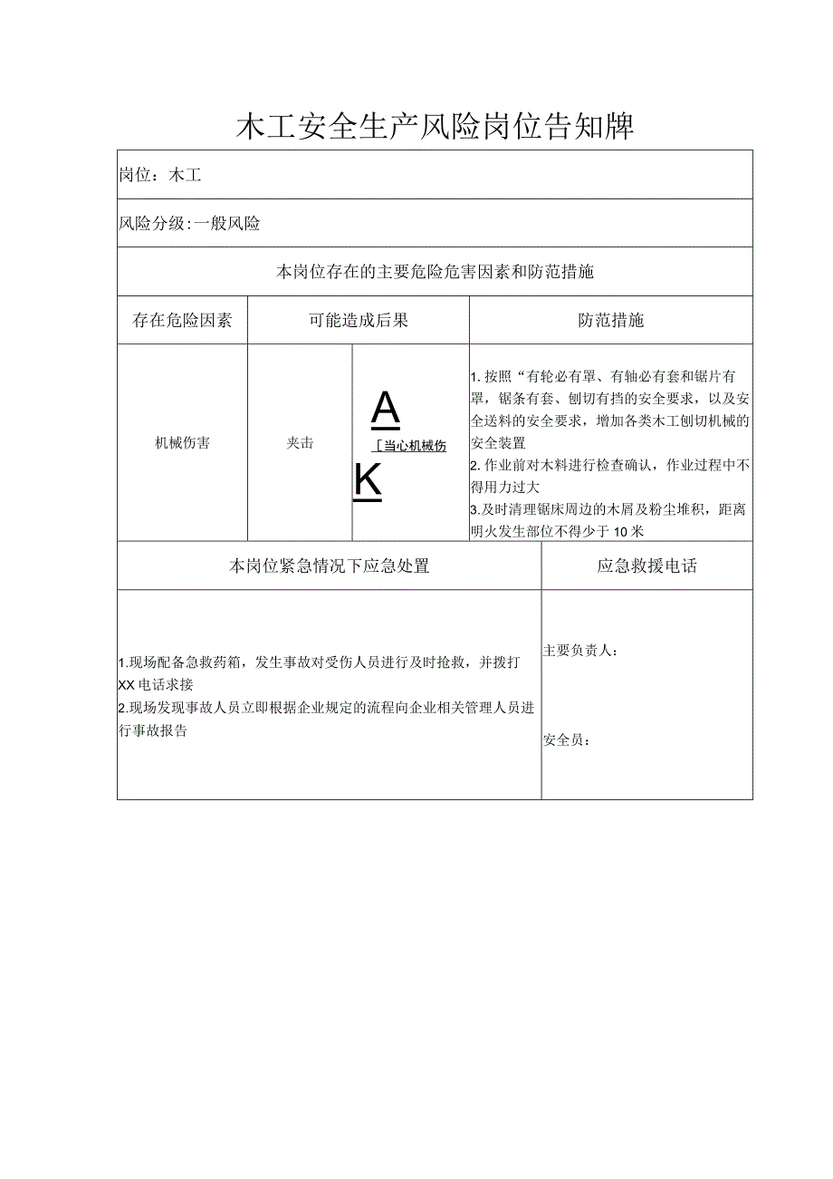 木工安全生产风险岗位告知牌.docx_第1页