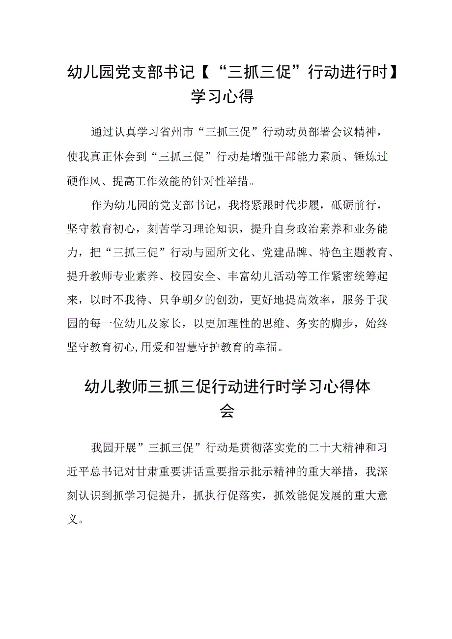 幼儿园党支部书记三抓三促行动进行时学习心得精选范文三篇.docx_第1页