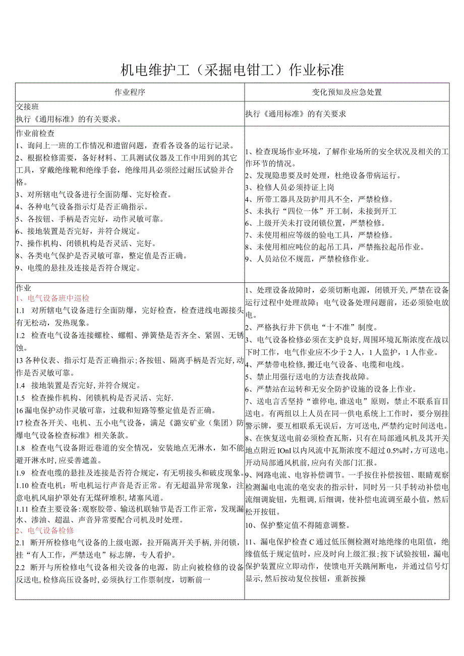 机电维护工采掘电钳工 作业标准.docx_第1页