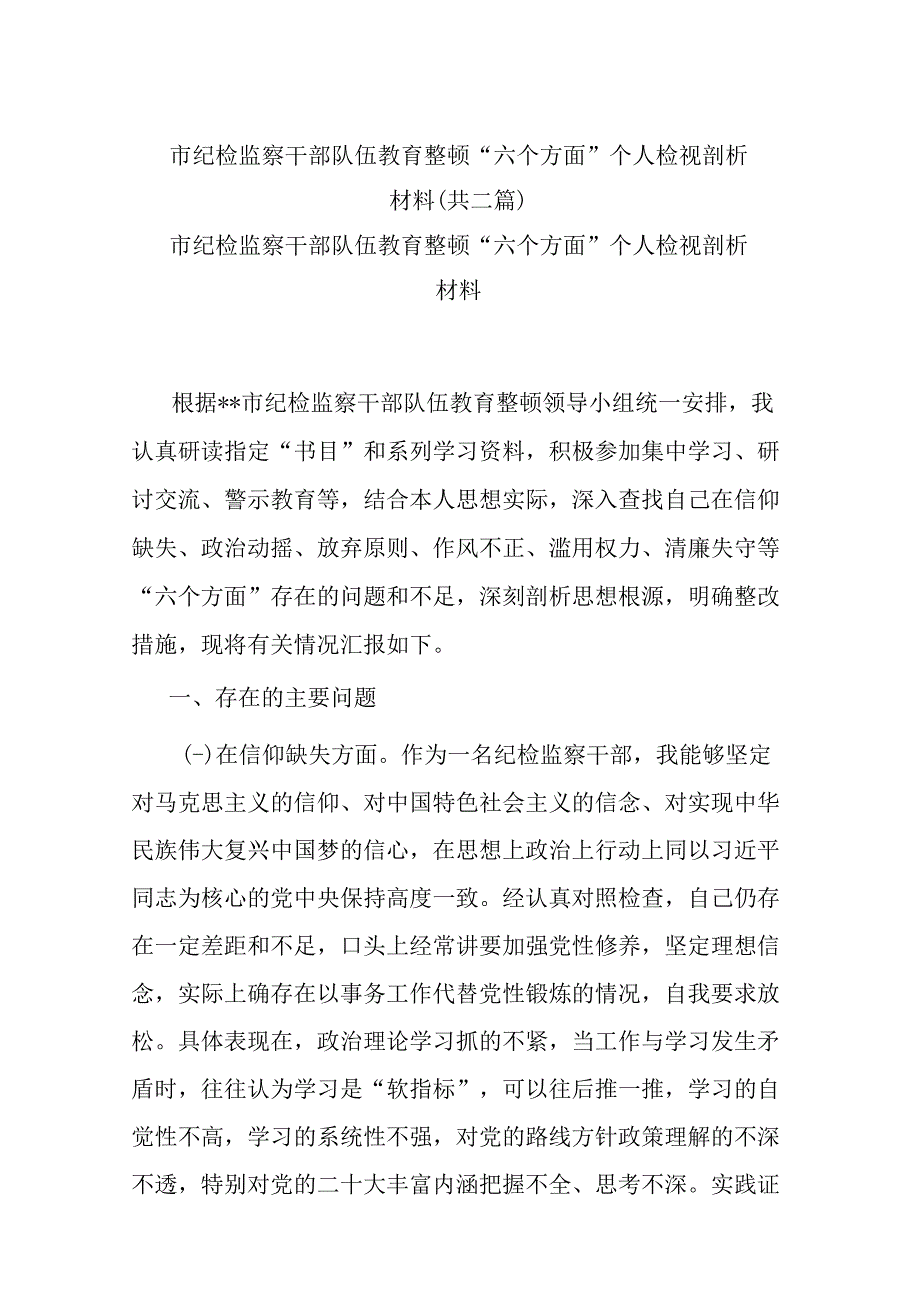 市纪检监察干部队伍教育整顿六个方面个人检视剖析材料共二篇.docx_第1页