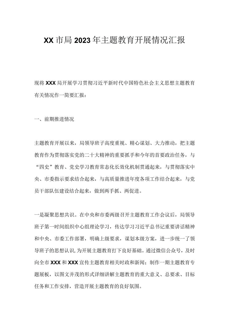 最新文档XX市局2023年主题教育开展情况汇报.docx_第1页