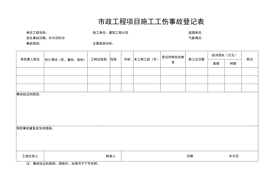 市政工程项目施工工伤事故登记表.docx_第1页