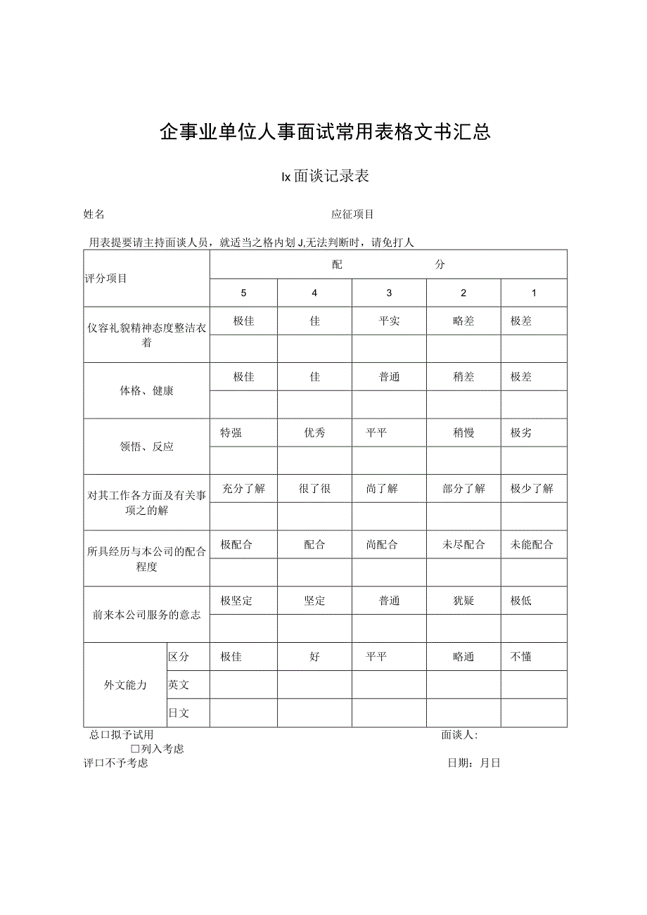 最新企事业单位人事面试常用表格文书汇总.docx_第1页