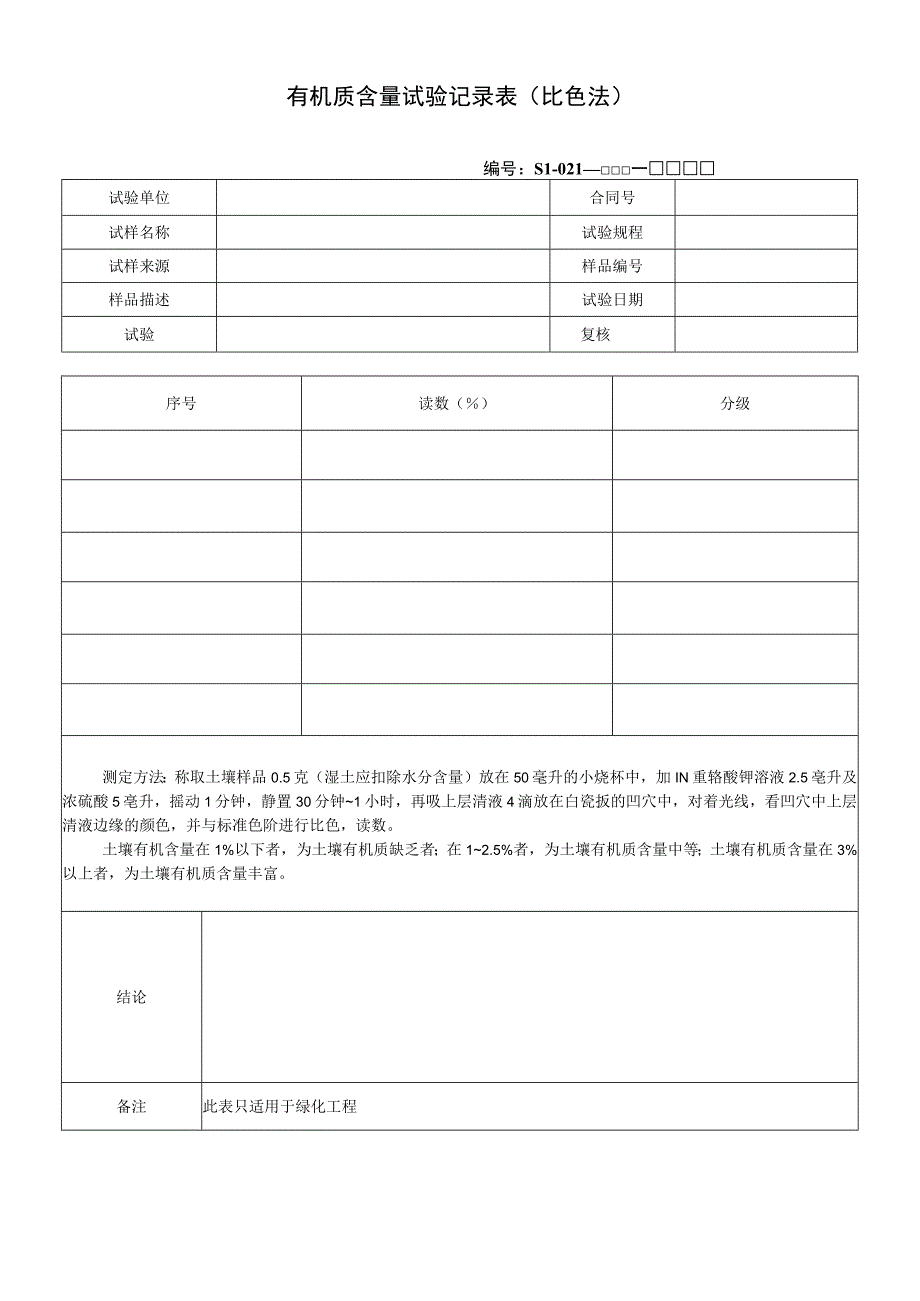 有机质含量试验记录表比色法.docx_第1页