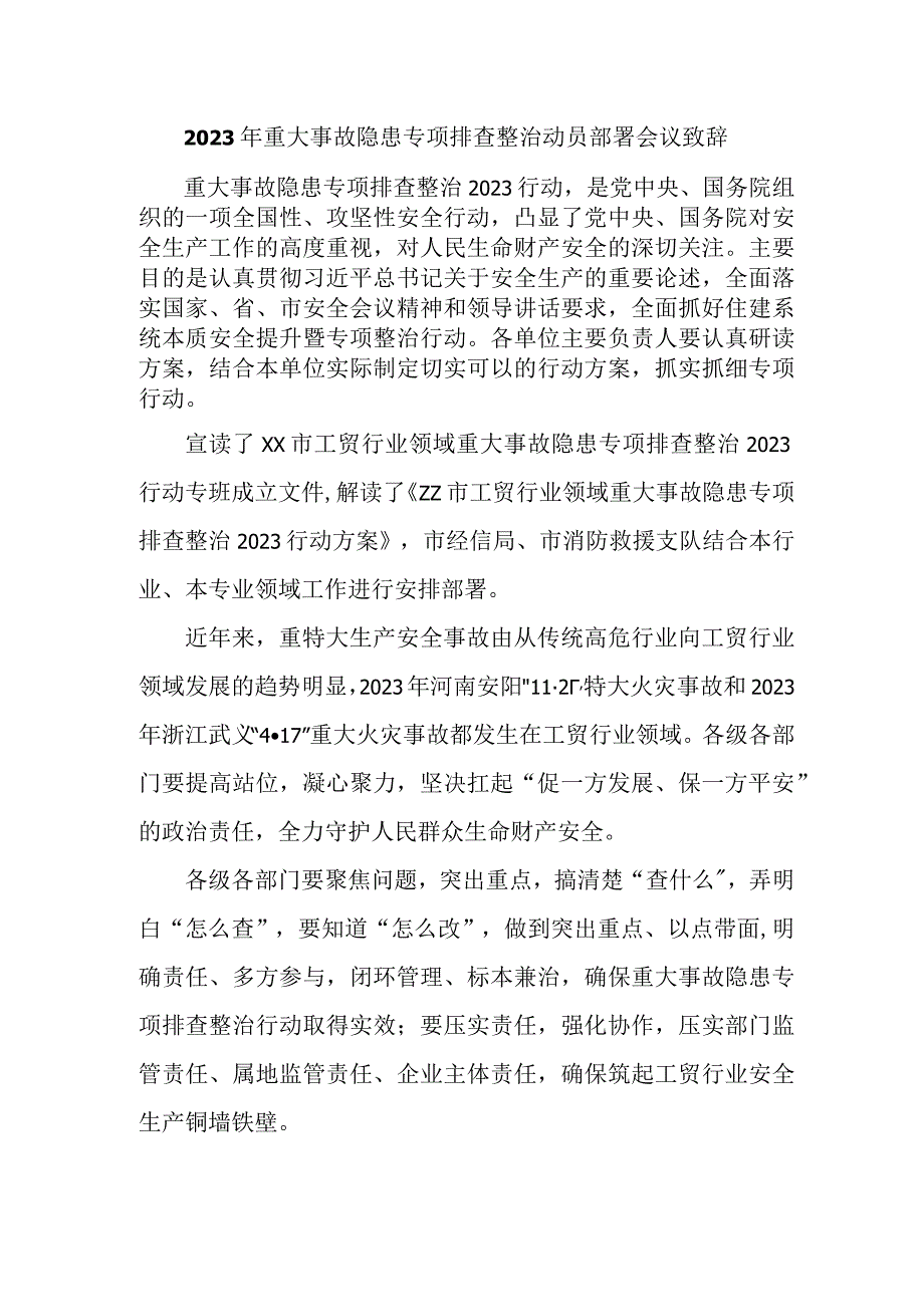 电力行业2023年重大事故隐患专项排查整治动员部署会议致辞 范文六篇.docx_第1页