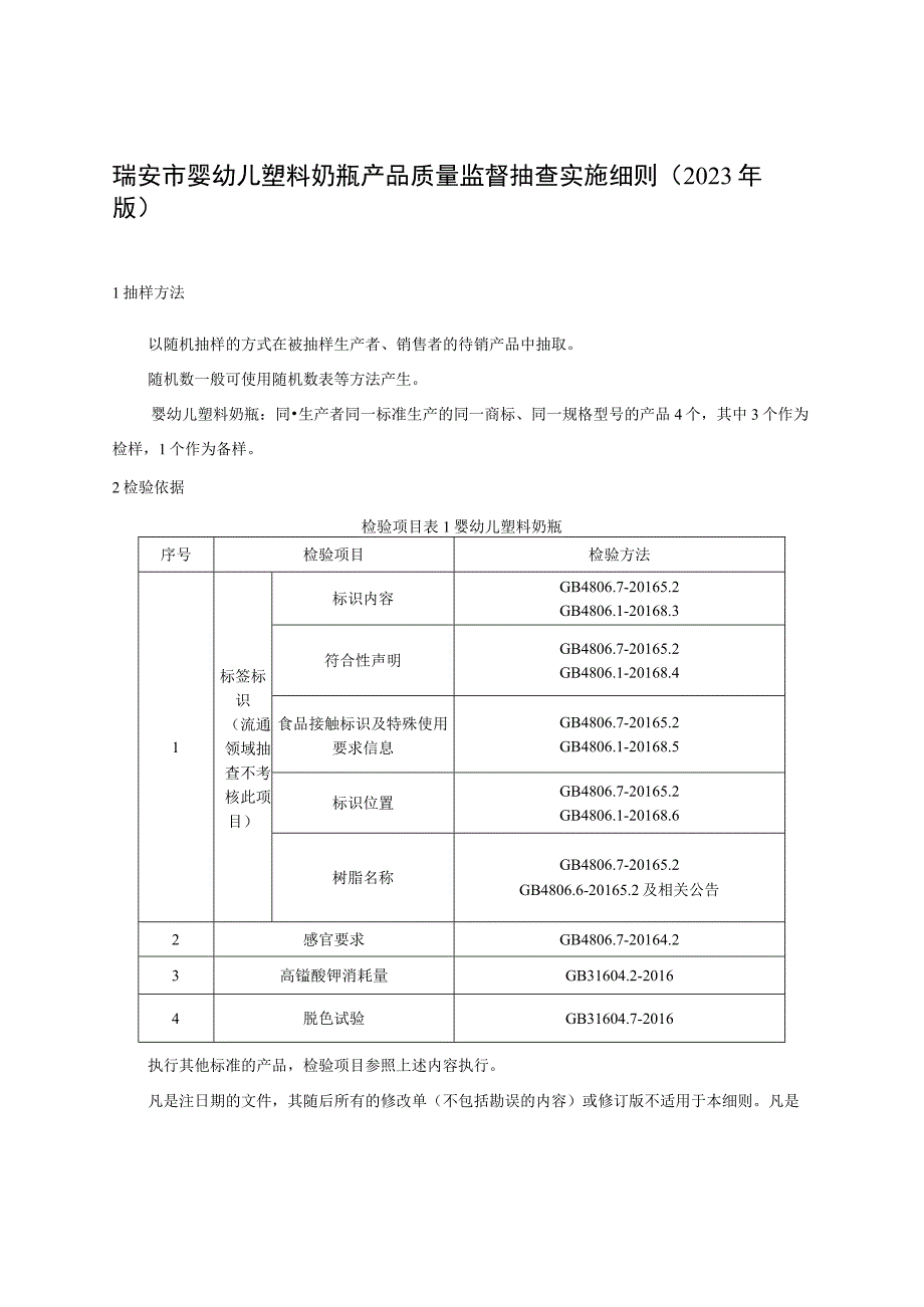 瑞安市婴幼儿塑料奶瓶产品质量监督抽查实施细则2023年版.docx_第1页