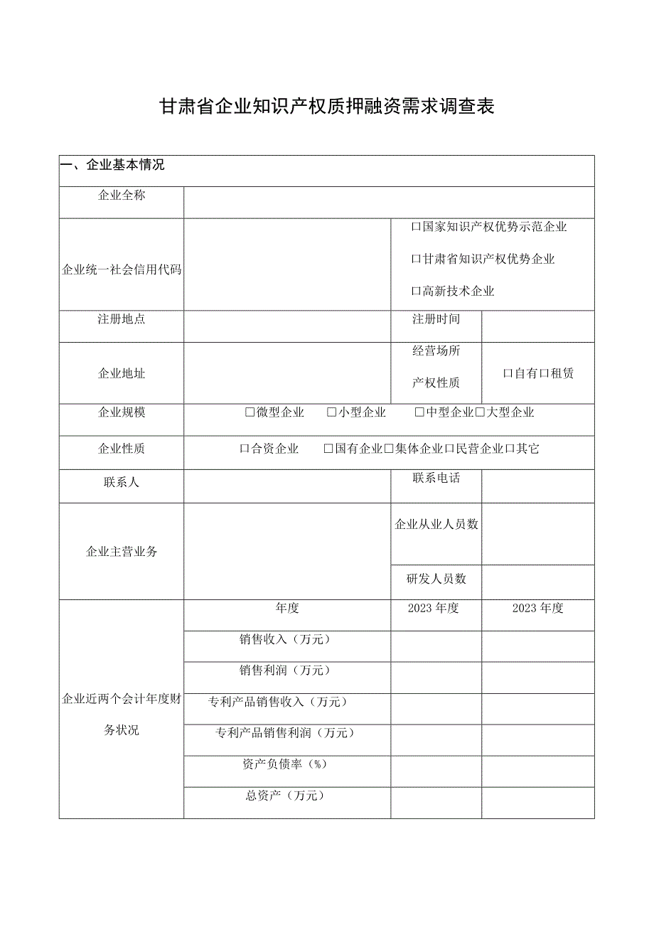 甘肃省企业知识产权质押融资需求调查表.docx_第1页